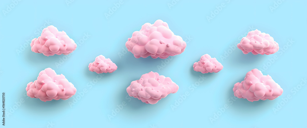 Eight Pink Cloud-Shaped Objects on Light Blue Background