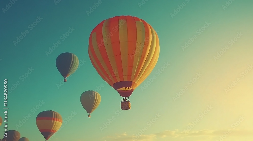 Fototapeta premium Colorful hot air balloons soaring in a vibrant sunset sky.