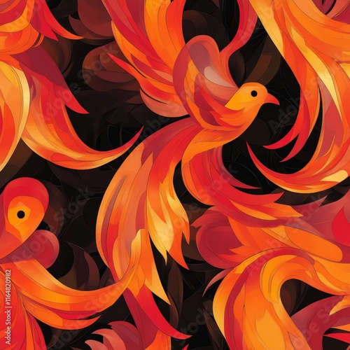 Fiery Phoenix Birds Pattern Repeating With Flames And Dark Shaded Background Seamless Visual Design photo