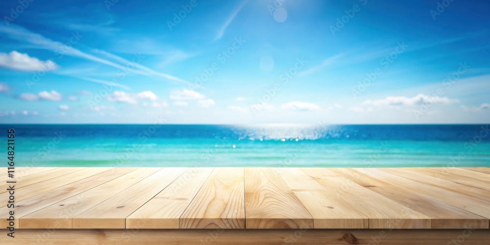 Obraz premium Sunny Day Seascape with Empty Wooden Deck Perfect for Summer Product Displays