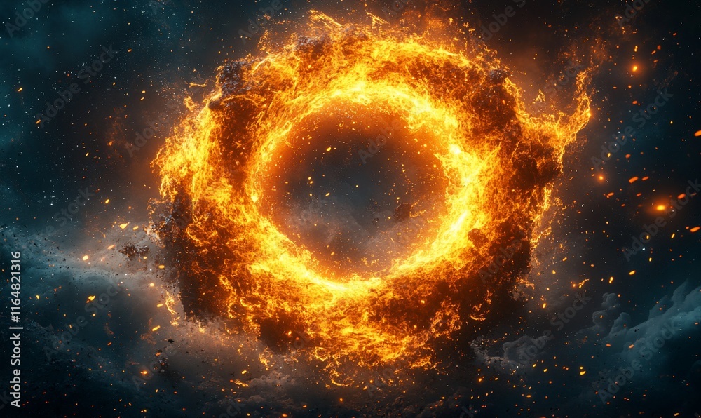 Fototapeta premium Flaming ring in the dark, star-speckled space.