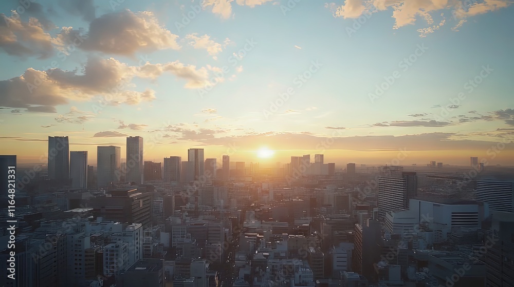 Fototapeta premium Stunning sunset over a bustling city skyline with vibrant colors.