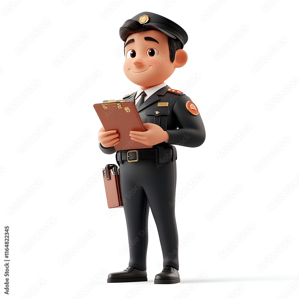 A cheerful 3D-rendered cartoon police officer is attentively reviewing documents on his clipboard. He looks friendly and professional. Adorable 3d character Compliance director A cheerful 3D-rendered cartoon police officer is attentively reviewing documents on his clipboard. He looks friendly and professional. Adorable 3d character Compliance director