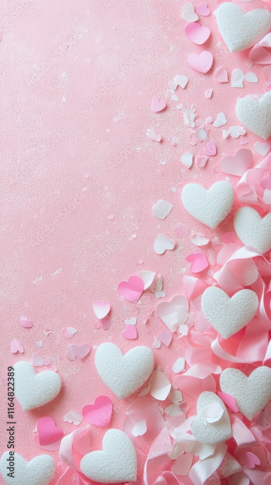 Fototapeta premium Pink and white hearts with confetti and ribbons on a textured background