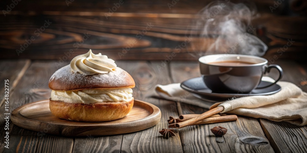 Fototapeta premium Sweet Pastry with Whipped Cream and a Cup of Warm Beverage on Rustic Wooden Table