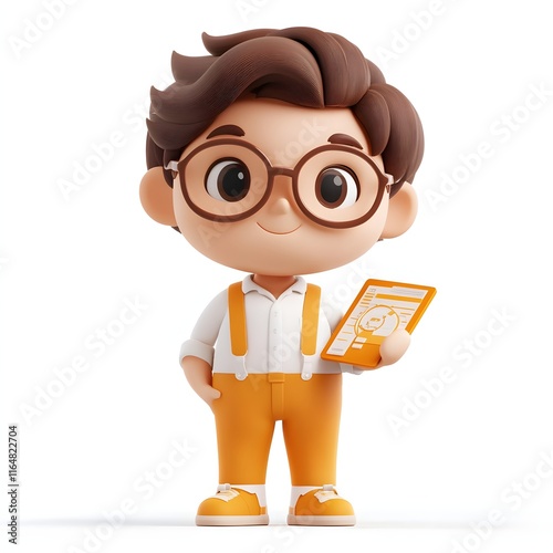 A charming 3D rendered image of a boy wearing glasses and holding an orange tablet. He looks happy and cheerful. Adorable 3d character Data analyst