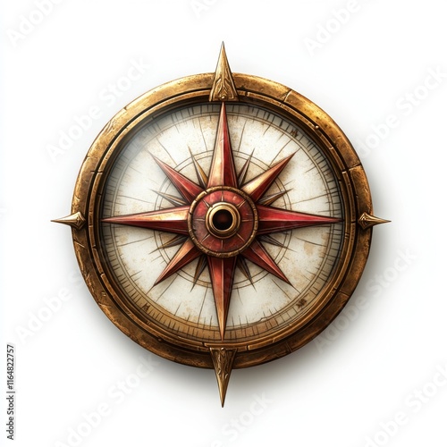 Golden Compass Rose Illustration with Red Accents and White Background Detailed Intricate Artwork