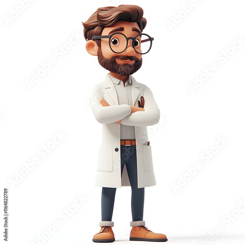 A friendly cartoon doctor, 3D rendered, stands confidently with arms crossed. He's wearing a lab coat and glasses Adorable 3d character Data scientist