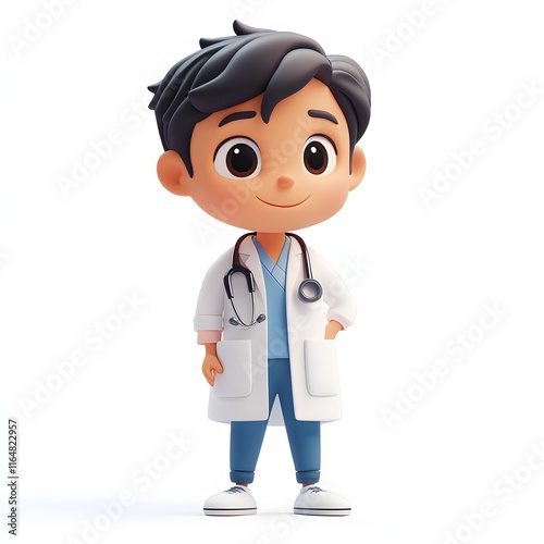 A charming 3D-rendered image of a young boy dressed as a doctor, exuding confidence and friendliness. Adorable 3d character doctor