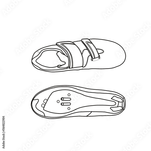 Template vector cycling shoes for men and women, riding shoe bicycle with delta cleats. Outline vector doodle illustration, top, and bottom view. Isolated on a white background.