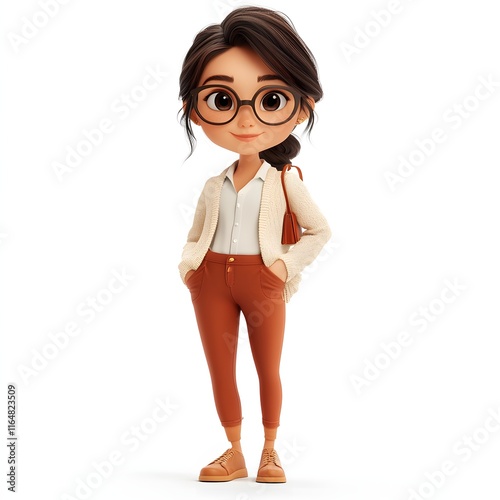 A charming 3D rendered cartoon girl with glasses, wearing a stylish outfit. She looks adorable and cheerful. Adorable 3d character fashion designer