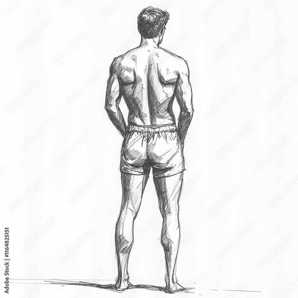 Man Standing Back View Sketch Art Style Drawing with Arms Behind Body in Shorts and Bare Feet Man Standing Back View Sketch Art Style Drawing with Arms Behind Body in Shorts and Bare Feet