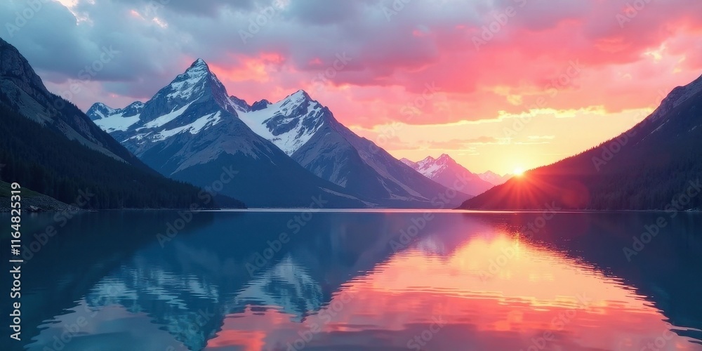 Serene Sunset Over a Mountain Lake with Stunning Pink Hues Reflecting on Calm Water Serene Sunset Over a Mountain Lake with Stunning Pink Hues Reflecting on Calm Water