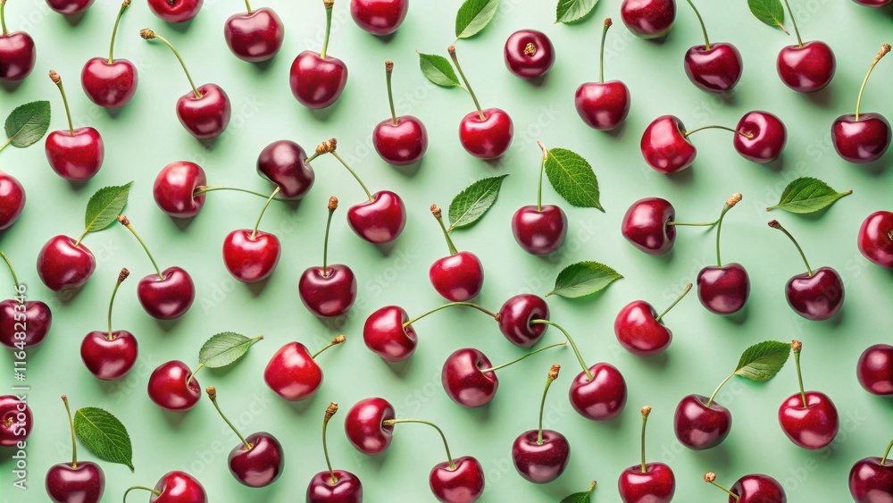 Sweet Red Cherries Arranged in a Delightful Pattern on a Light Green Background Sweet Red Cherries Arranged in a Delightful Pattern on a Light Green Background