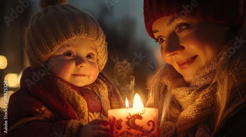 Mother and baby lighting a candle with dragon motifs during Chinese New Year