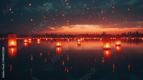 A bustling festival of lights scene with families releasing glowing lanterns into the night sky, children laughing, and sparkling reflections on a nearby lake. Add intricate patterns on the  photo