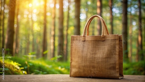 Eco-friendly jute shopping bag rests on a natural wood surface in a sunlit forest setting