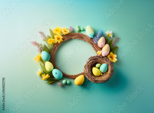 Pastel Easter eggs and spring flowers arranged in a wreath and nest on a soft teal background.  A festive and cheerful springtime scene.