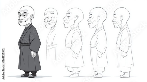 Monk Character Design Series With Multiple Angles In Grey Scale And Outline Sketch Style Images photo