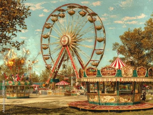 A bustling summer fair with a Ferris wheel, food stalls serving cotton candy, and performers juggling fire. Add intricate patterns on the carnival tents and glowing reflections from the Ferris 