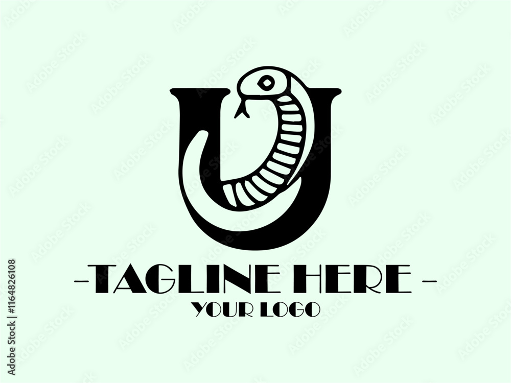 Fototapeta premium Black snake forms inside black letter U background vector illustration, black snake slithering in shape of letter inside U. Suitable for reptilerelated graphics and creative typography designs