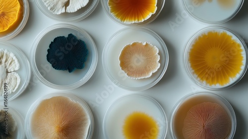 Elegant scientific study of various mushroom cultures displayed in petri dishes showcasing intricate patterns and colors in a laboratory setting