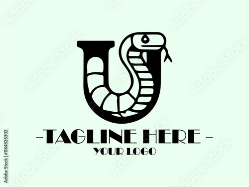 Black snake forms  inside black letter U, black snake slithering in shape of letter inside U. Suitable for reptilerelated graphics and creative typography designs