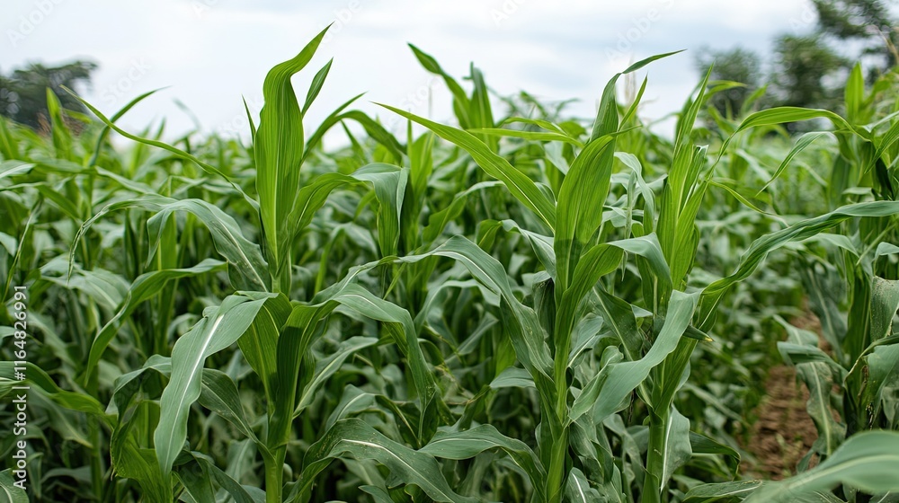 Lush green corn plants growing in a field. Lush green corn plants growing in a field.