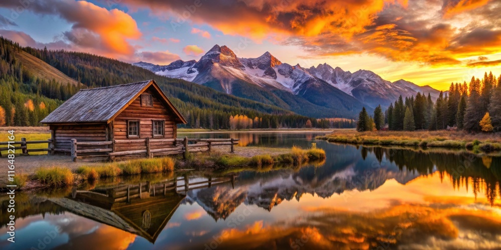 Naklejka premium Serene Lakeside Cabin at Sunset with Majestic Mountain Reflection