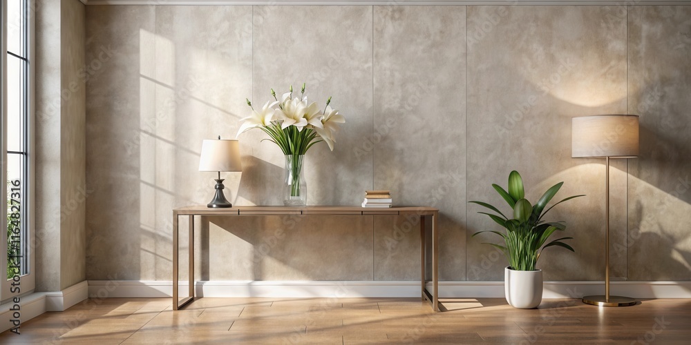 Fototapeta premium Sunlit Interior Design Featuring a Console Table with Flowers and Lamps