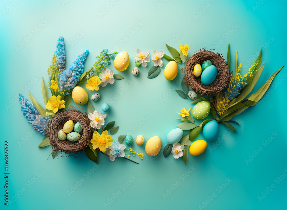 Naklejka premium Pastel Easter eggs and spring blossoms arranged in a wreath shape on a light blue background. Perfect for springtime celebrations.