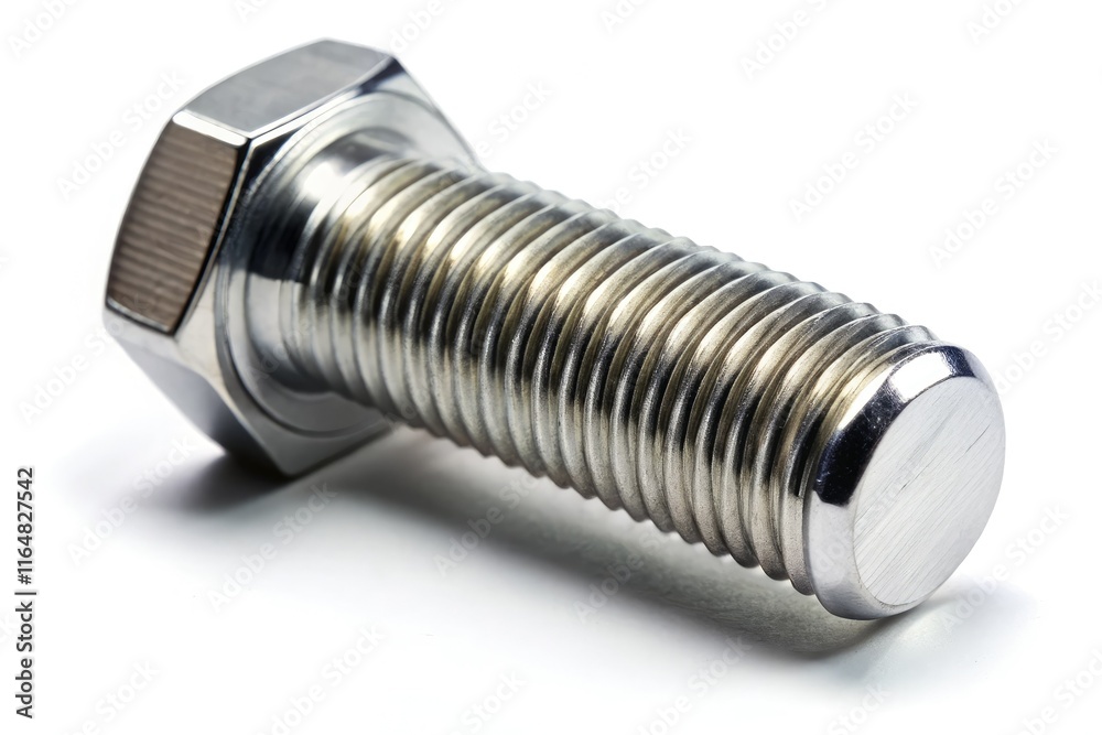 A sharply focused steel bolt against a stark white background showcases its industrial strength and metallic detail. A sharply focused steel bolt against a stark white background showcases its industrial strength and metallic detail.
