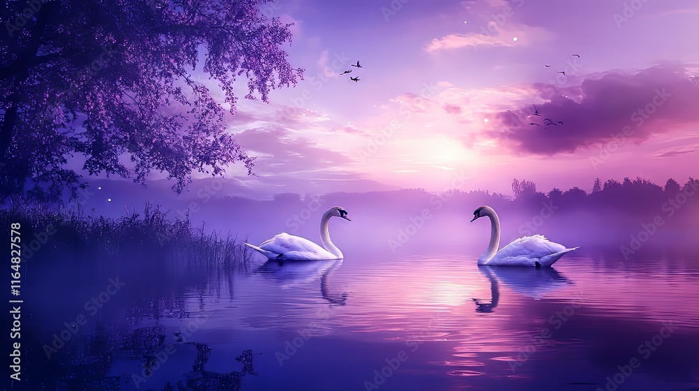 Fototapeta premium Two elegant swans gracefully swim in a tranquil lavender-hued lake at sunset.