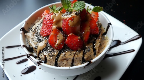 A bowl of overnight oats garnished with fresh strawberries, chia seeds, and a drizzle of almond butter served on a white ceramic plate  photo