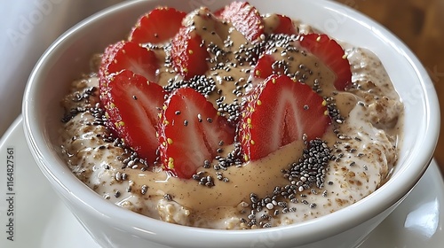 A bowl of overnight oats garnished with fresh strawberries, chia seeds, and a drizzle of almond butter served on a white ceramic plate  photo