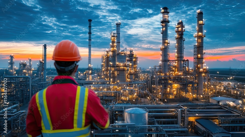 Engineer overlooking illuminated refinery at dusk. Engineer overlooking illuminated refinery at dusk.