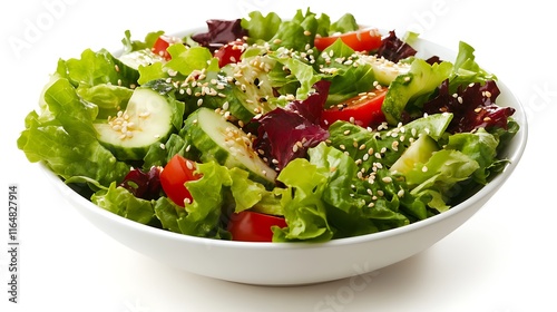 A close-up of a salad bowl garnished with sesame seeds and a light vinaigrette dressing on a plain white background  photo