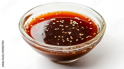A close-up of a salad bowl garnished with sesame seeds and a light vinaigrette dressing on a plain white background  photo