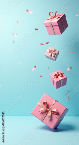 Many pink boxes with bows and ribbons flying in the air, space for text