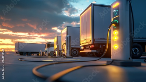 Fleet of EV trucks in a clean energy depot with charging stations