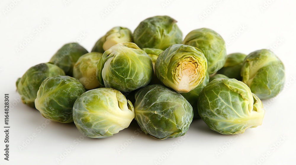 A close-up of roasted Brussels sprouts with a golden-brown finish displayed on a clean white surface A close-up of roasted Brussels sprouts with a golden-brown finish displayed on a clean white surface