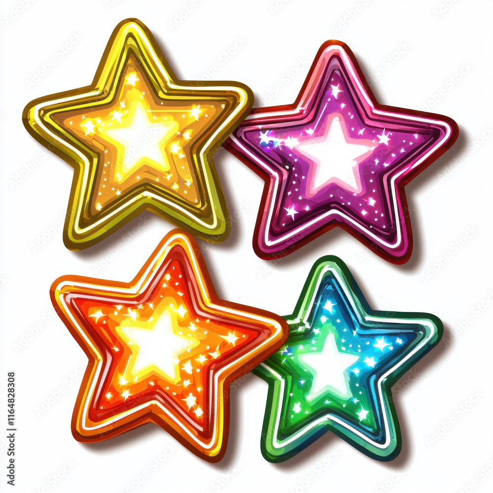 Obraz premium Colorful glowing star icons with vibrant designs and sparkling effects