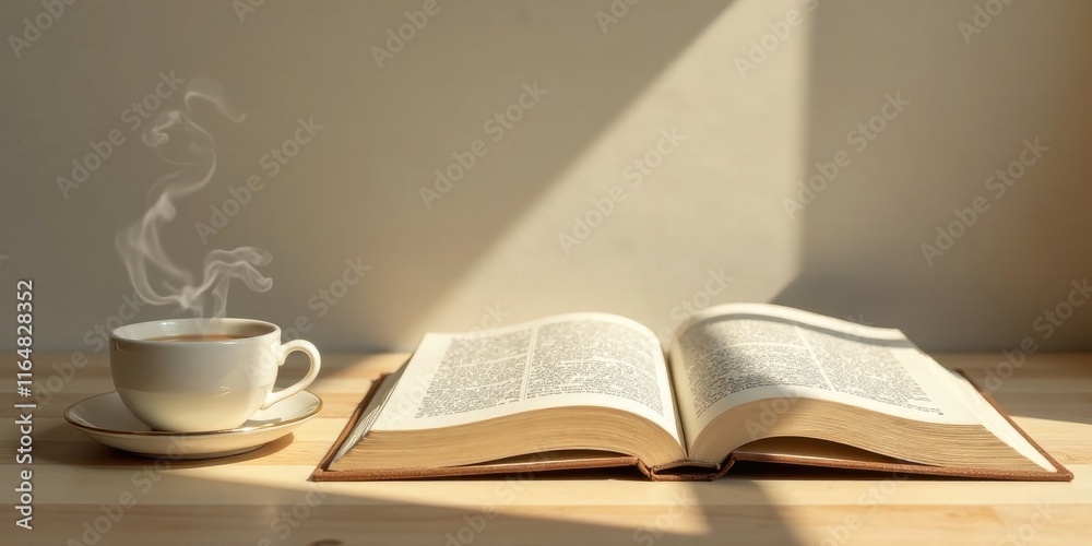 Warm sunlight illuminates a steaming cup of coffee and an open book resting on a light wood surface. Warm sunlight illuminates a steaming cup of coffee and an open book resting on a light wood surface.