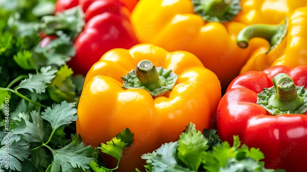 A close-up of stuffed bell peppers garnished with fresh cilantro displayed on a plain white background A close-up of stuffed bell peppers garnished with fresh cilantro displayed on a plain white background