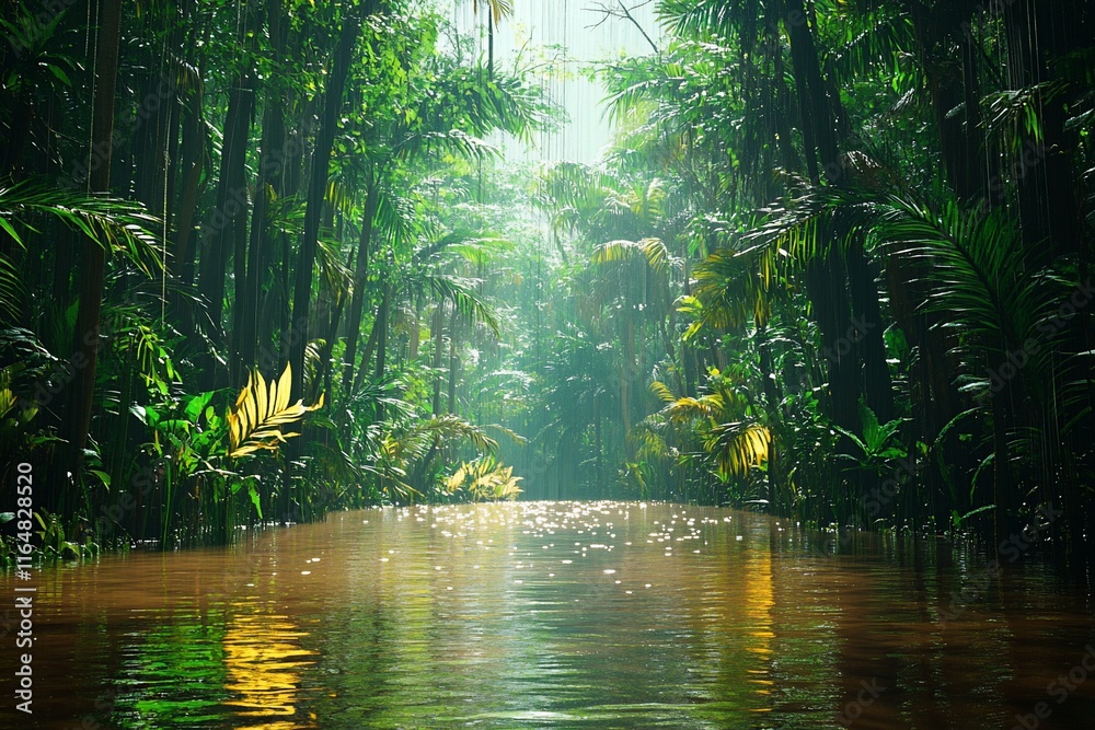 Obraz premium Lush green rainforest path with calm river.