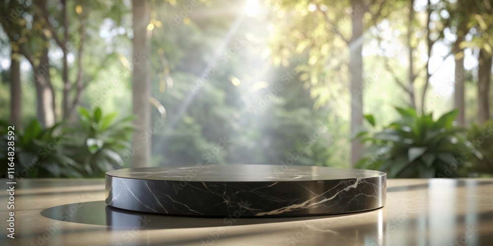 Serene Black Marble Display Platform in a Sunlit Garden Setting