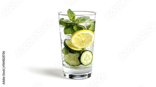 A glass of detox water infused with cucumber, lemon, and mint leaves served on a clean white background  photo