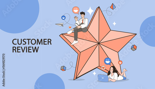 Client choose satisfaction rating and leave positive product or service review. Big stars or give five star feedback. Customers evaluating a product, service. Vector Illustration.