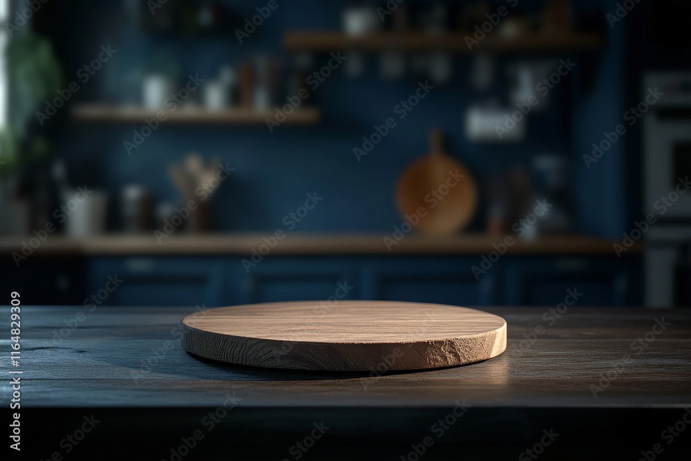 Round wooden board on dark kitchen counter. Round wooden board on dark kitchen counter.