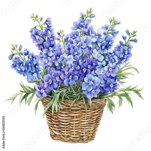 A watercolor vector of a delphinium bouquet in a basket, isolated on a white background. Delphinium vector.
